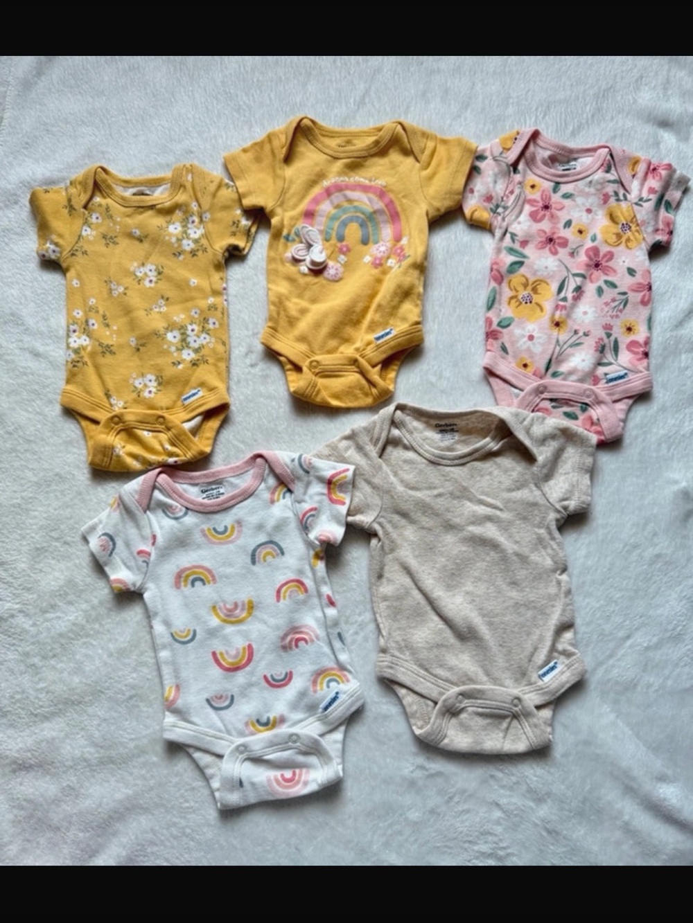 Gerber Baby One-Piece Set in Mustard Yellow, Pink, White, Beige